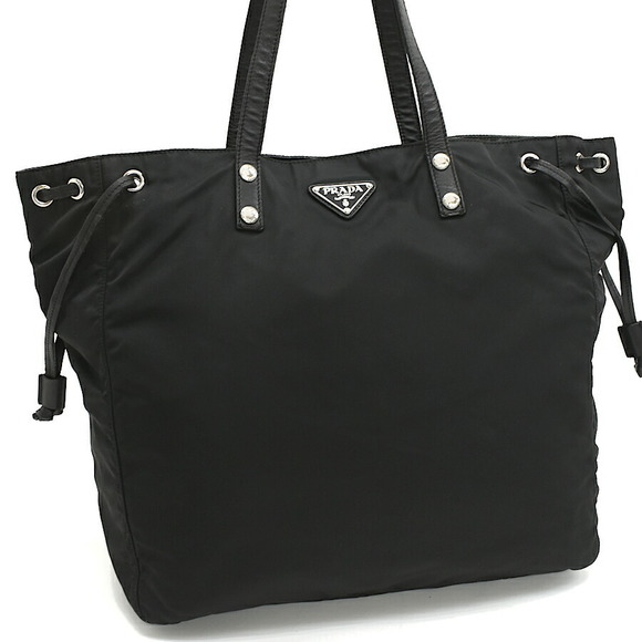 Prada Bag Black Tote Plate Triangle Nylon Shoulder Bag - Picture 1 of 8